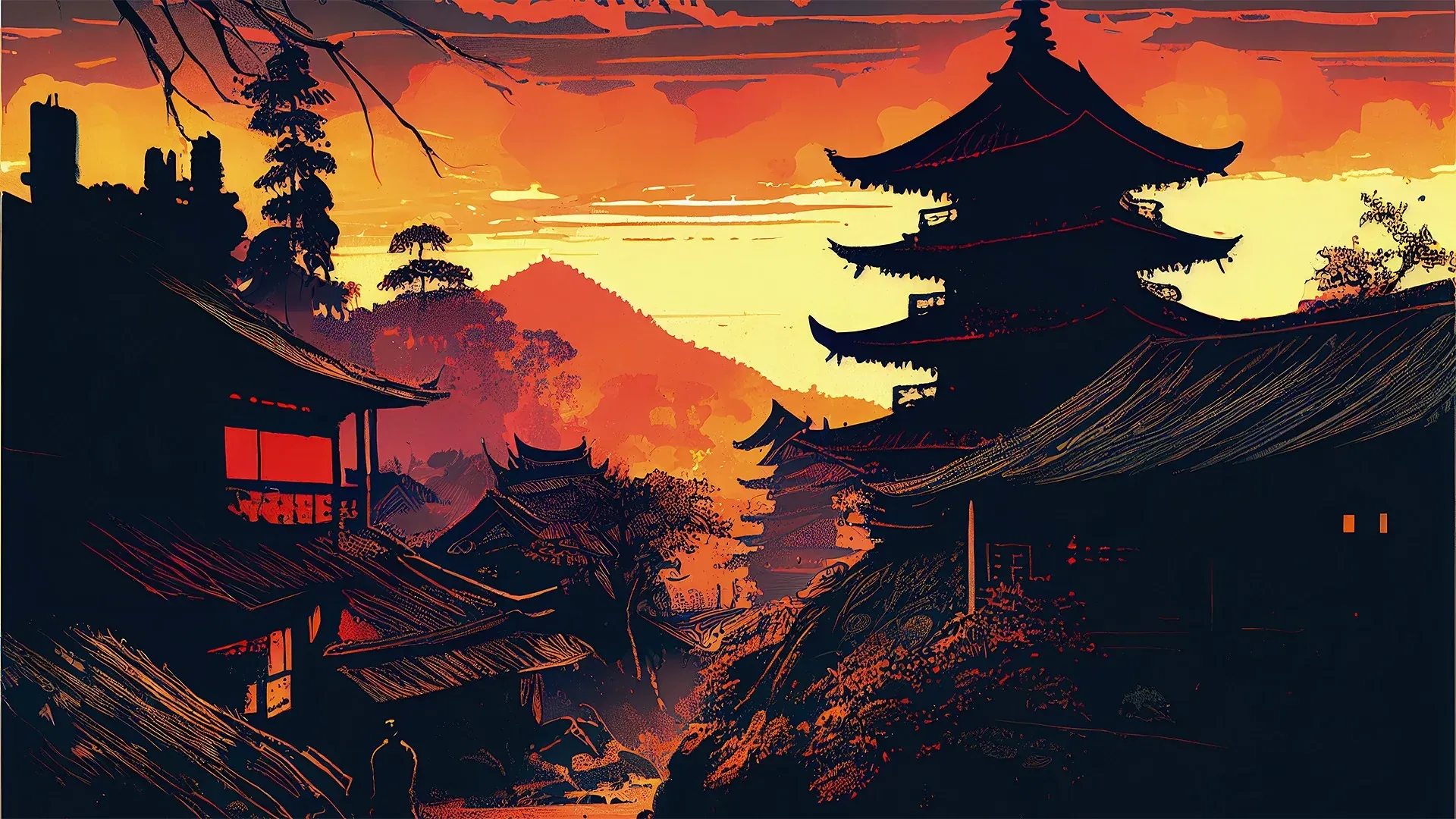 Une pagode sombre et des toitures au premier plan encadrent la lumière d’un village japonais.